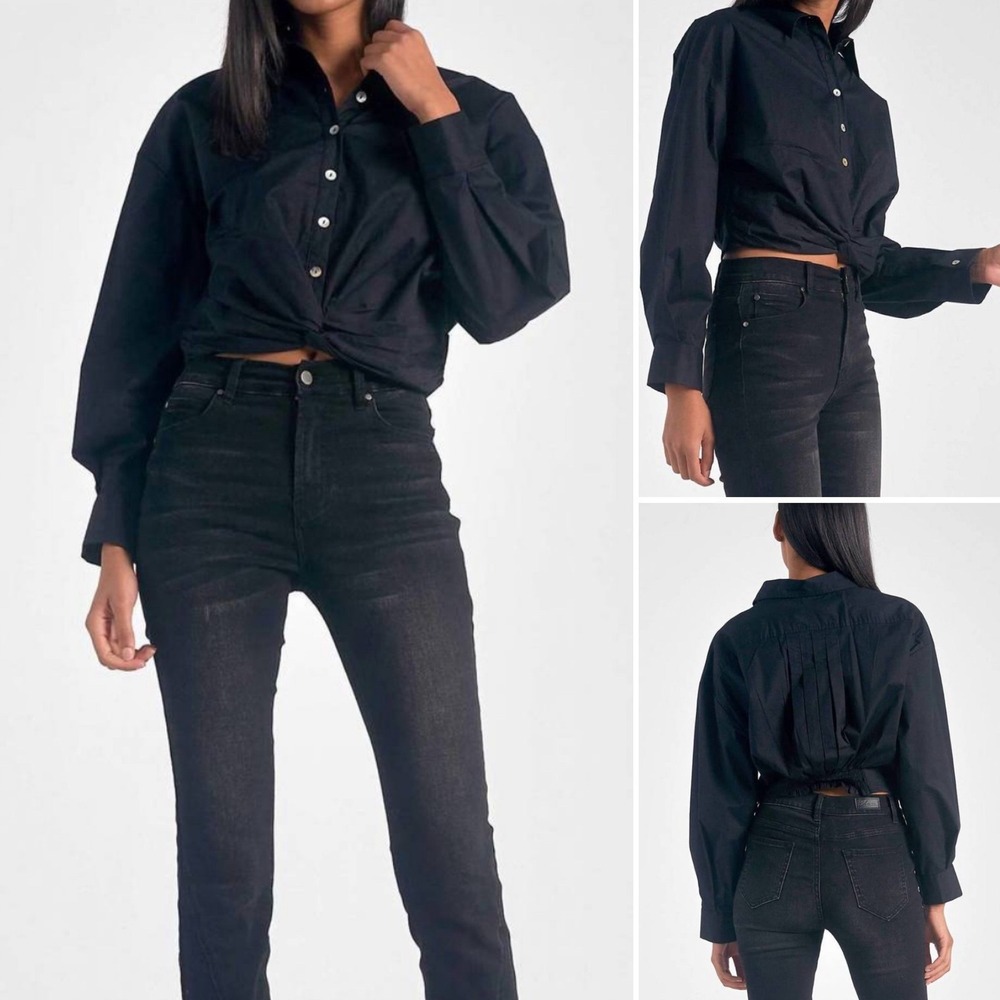 Elan Womens Black Long Sleeve Button Up Twist Front Cropped Shirt Size Small